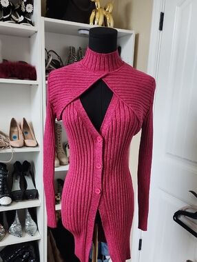 Ronny Kobo Collection Ribbed Cutout Cardigan - Fuchsia Pink